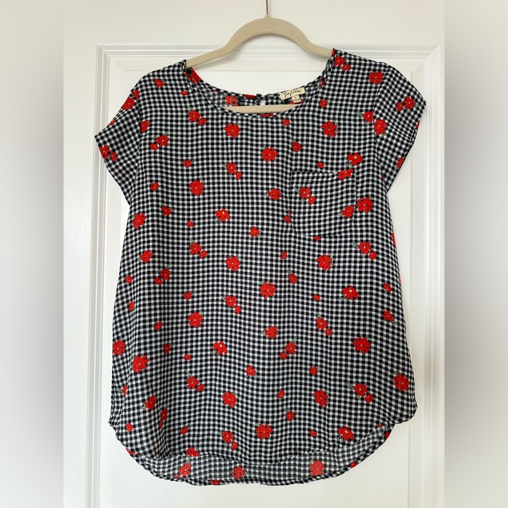 Gingham and floral print pocketed short sleeved chiffon top